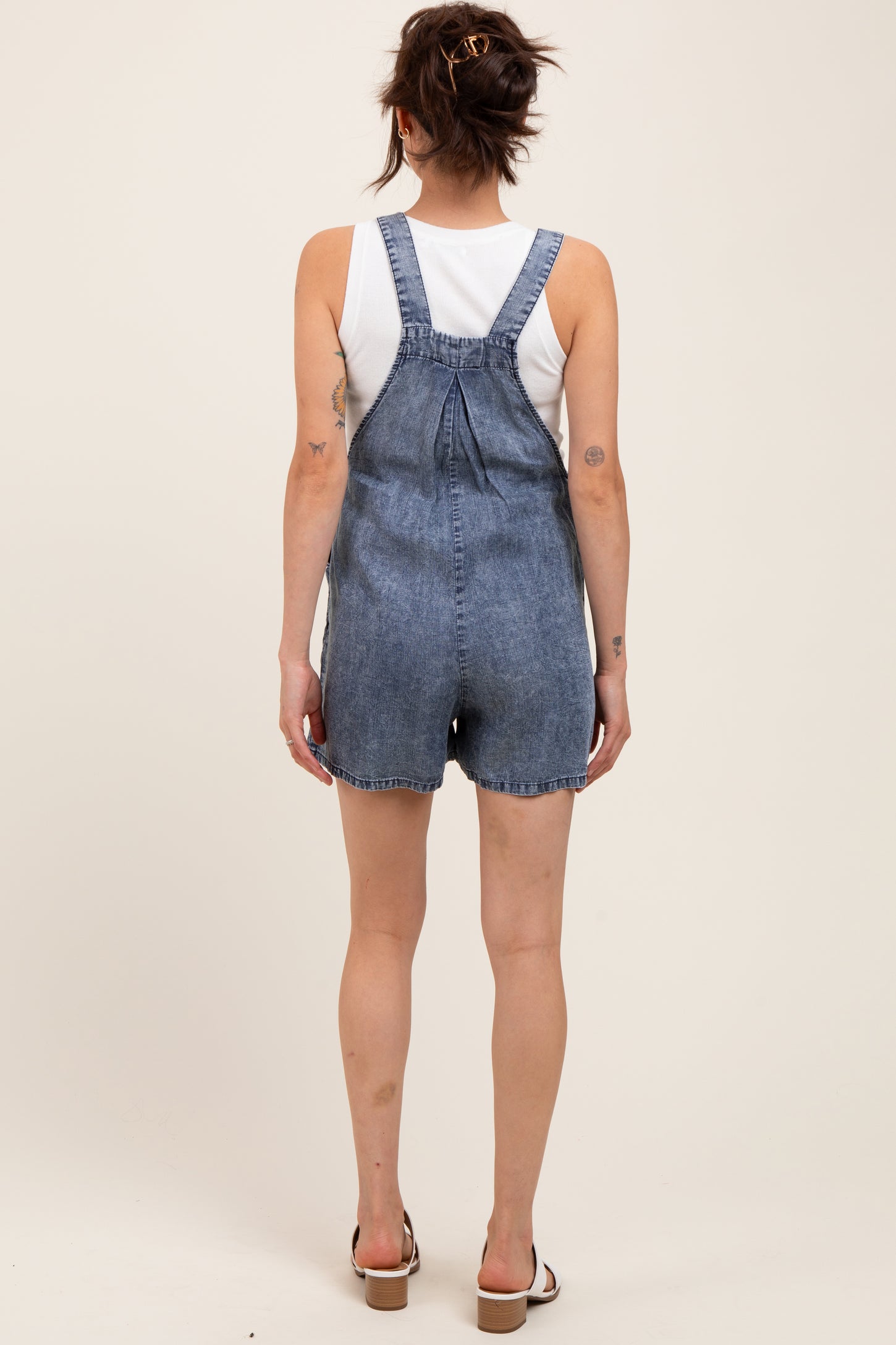 Blue Chambray Maternity Shortall Romper