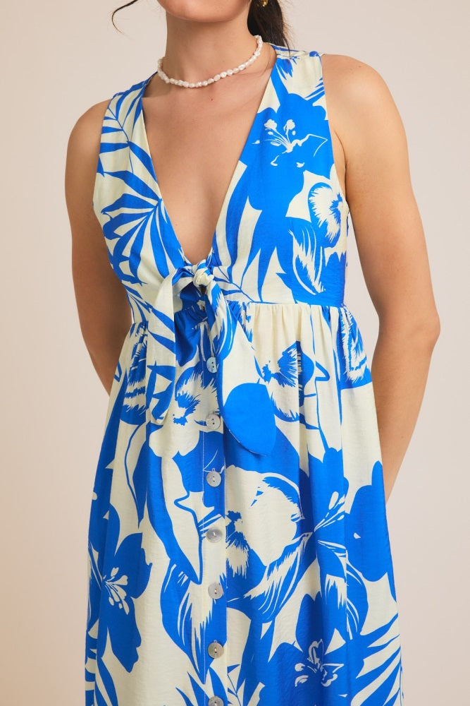 Blue Tropical Print Front Tie Sleeveless Button Up Dress