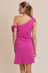 Magenta One Shoulder Tie Sleeveless Dress