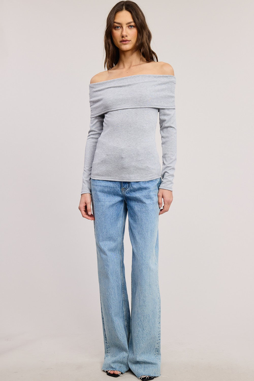 Heather Grey Off Shoulder Foldover Long Sleeve Top
