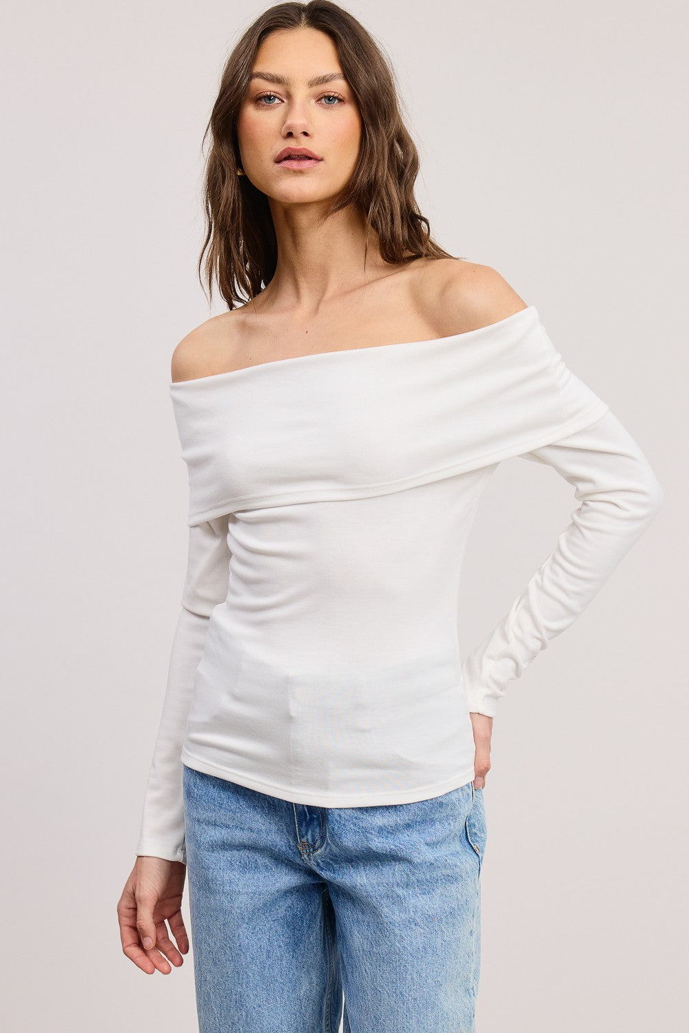 White Off Shoulder Foldover Maternity Long Sleeve Top