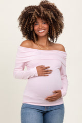 Pink Off Shoulder Foldover Maternity Long Sleeve Top