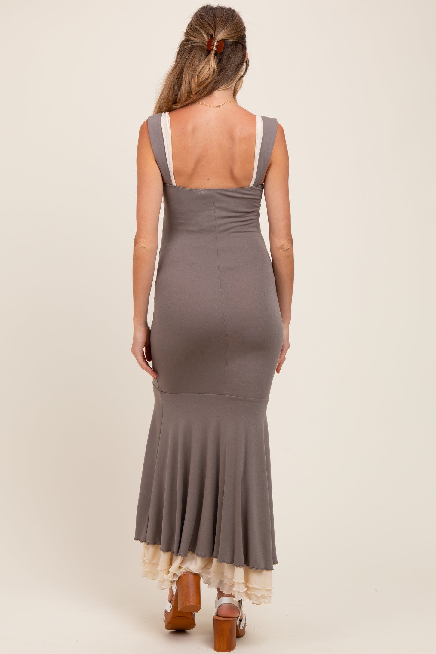 Taupe Knit Tie Detail Sleeveless Mermaid Maxi Maternity Dress