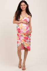 Pink Floral Ruched Tulip Hem Maternity Midi Dress