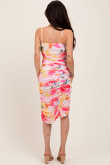 Pink Floral Ruched Tulip Hem Maternity Midi Dress