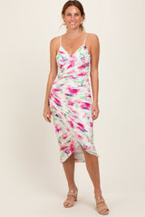 Fuchsia Floral Ruched Tulip Hem Midi Dress