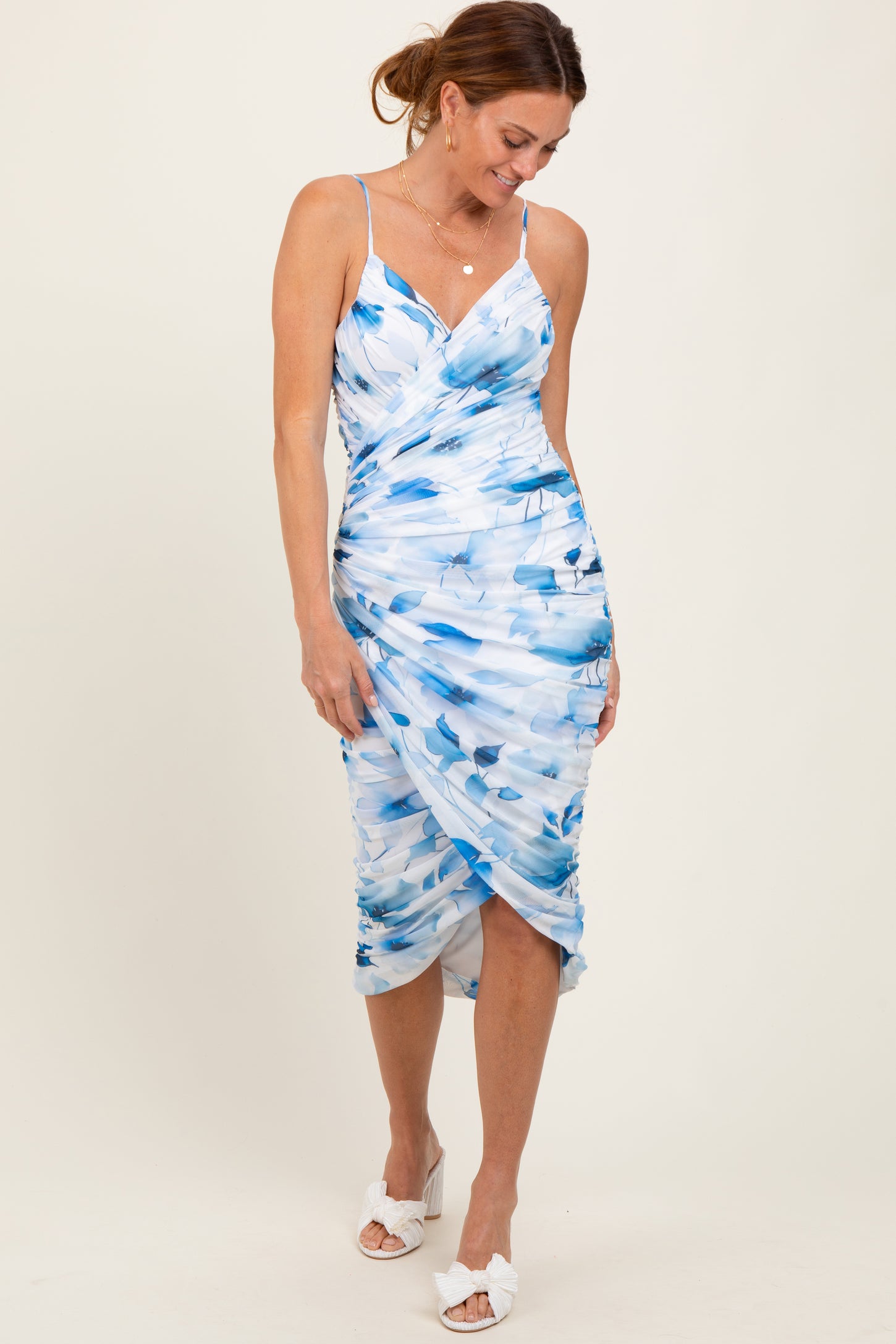 Blue Floral Ruched Tulip Hem Maternity Midi Dress