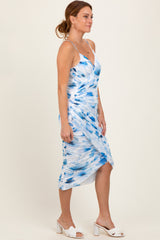 Blue Floral Ruched Tulip Hem Midi Dress