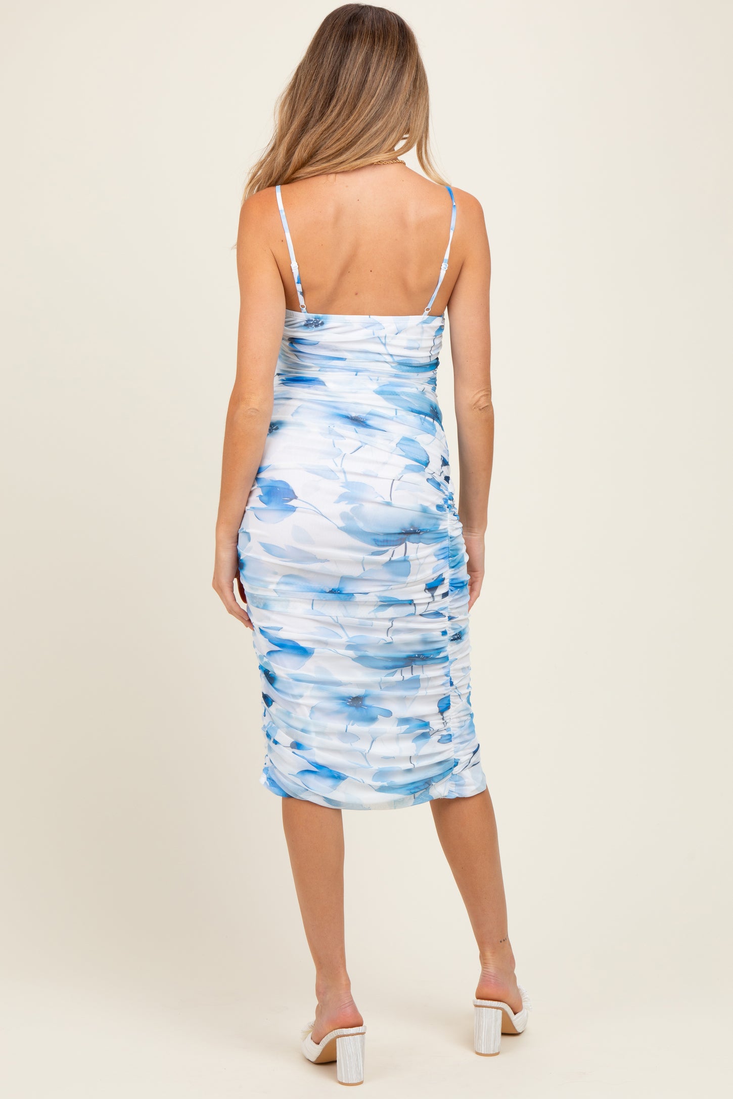 Blue Floral Ruched Tulip Hem Maternity Midi Dress