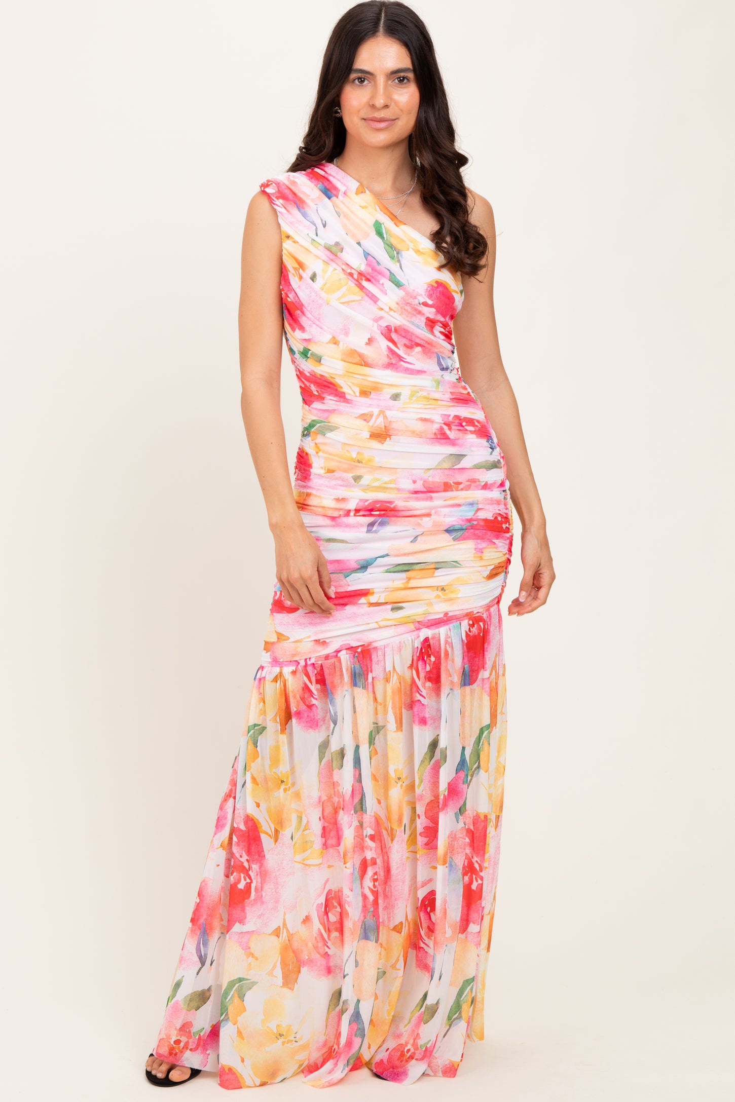 Pink Floral Ruched Mesh One Shoulder Maxi Dress
