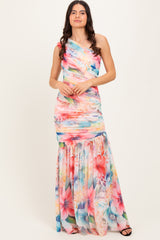 Multicolor Floral Ruched Mesh One Shoulder Maxi Dress