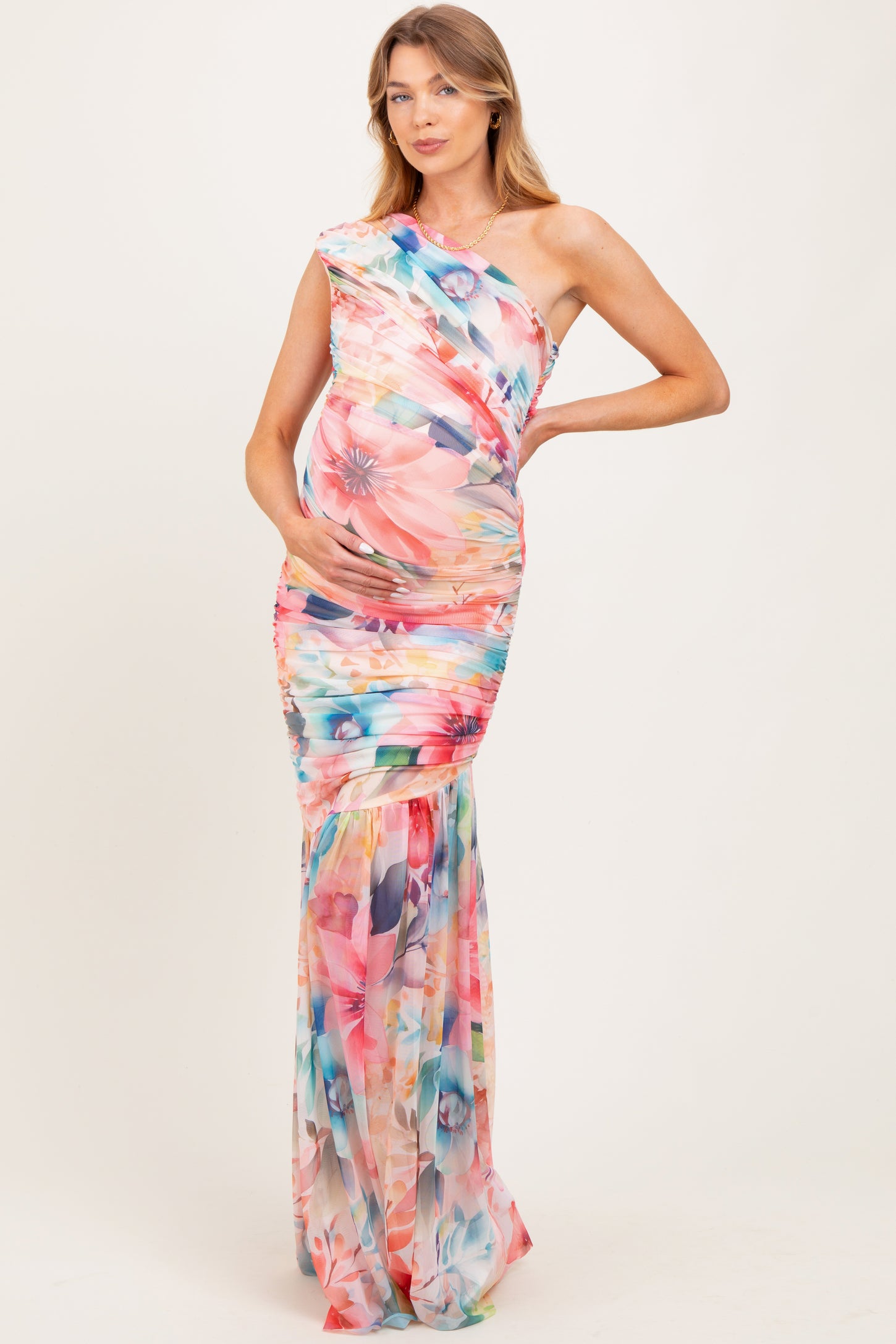 Multicolor Floral Ruched Mesh One Shoulder Maternity Maxi Dress