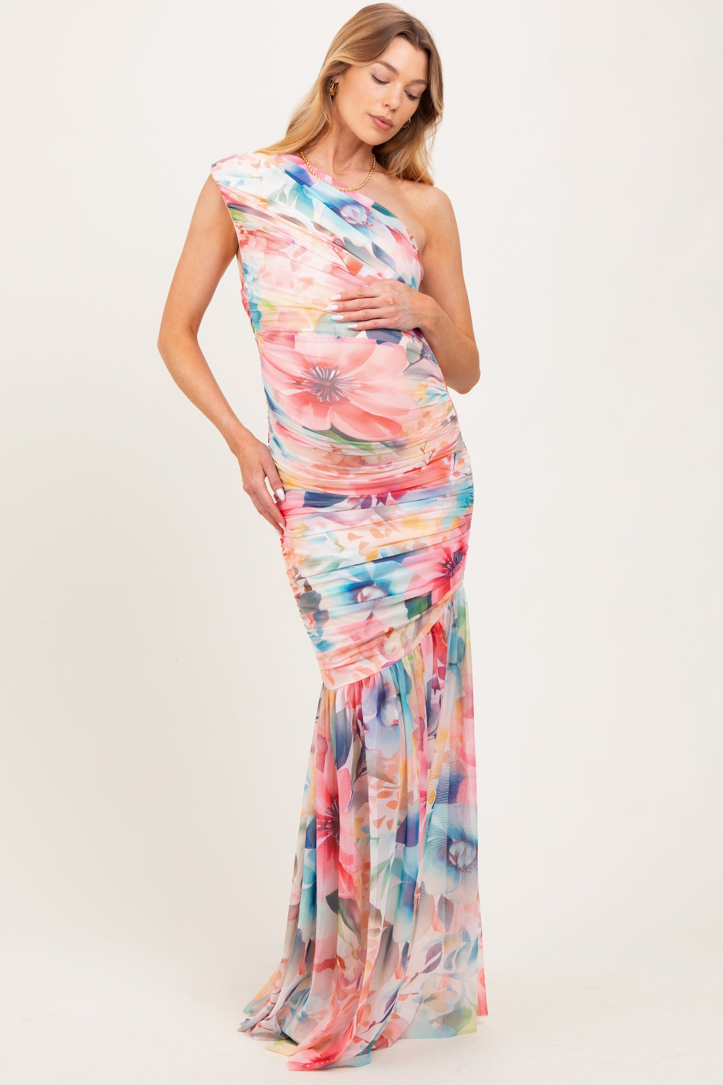 Multicolor Floral Ruched Mesh One Shoulder Maternity Maxi Dress