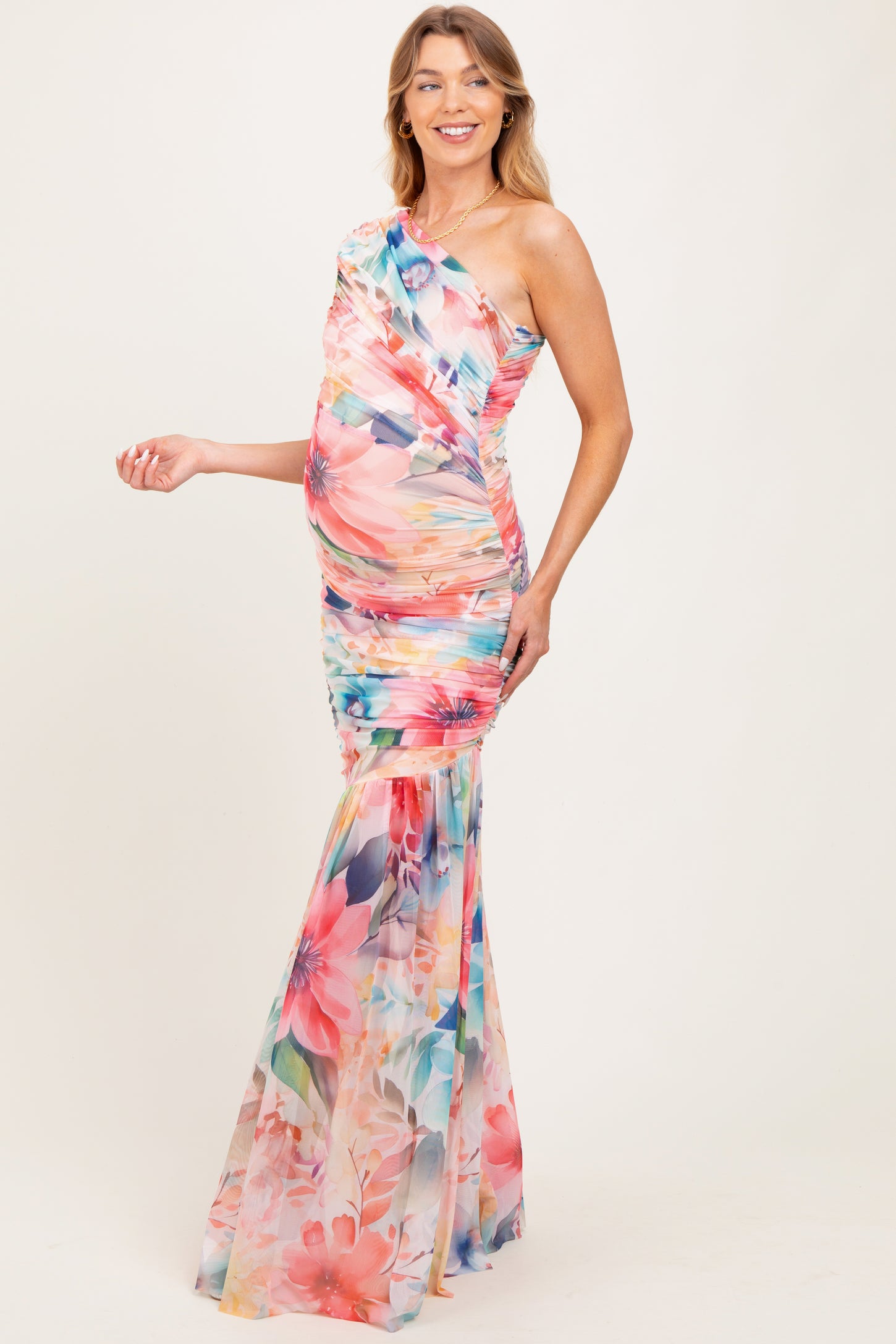 Multicolor Floral Ruched Mesh One Shoulder Maternity Maxi Dress