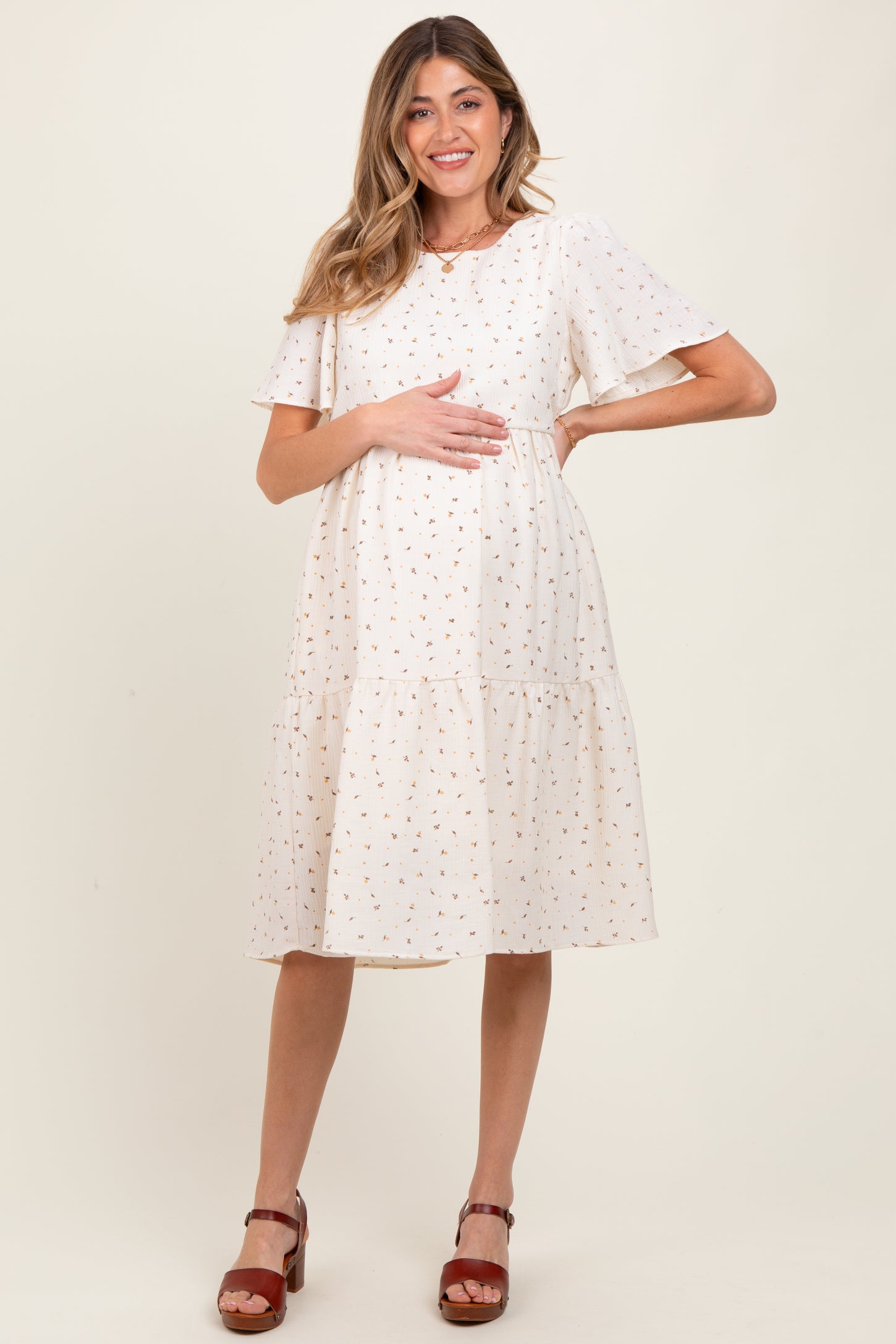 Ivory Floral Short Sleeve Tiered Maternity Midi Dress