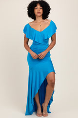 Blue Off Shoulder Ruffle Hi-Low Maternity Maxi Dress
