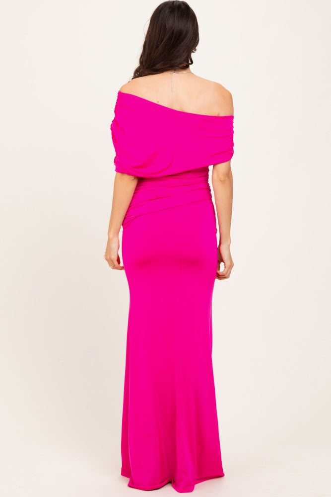 Pink Off Shoulder Foldover Ruched Maxi Dress