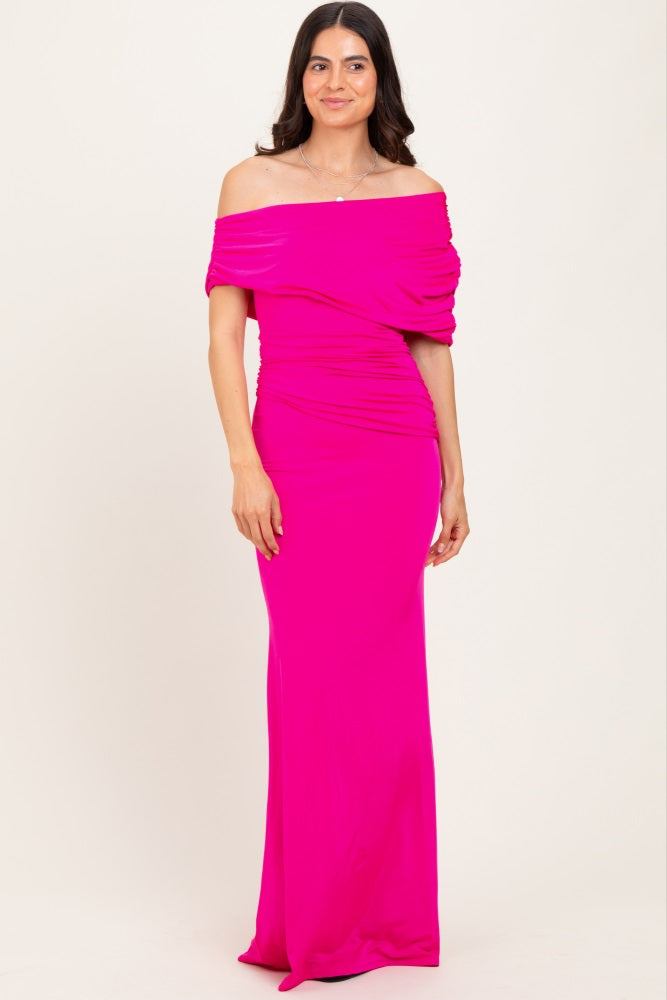 Pink Off Shoulder Foldover Ruched Maxi Dress
