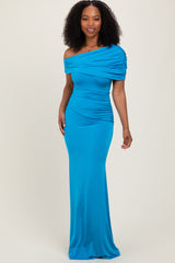 Blue Off Shoulder Foldover Ruched Maternity Maxi Dress