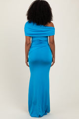Blue Off Shoulder Foldover Ruched Maxi Dress