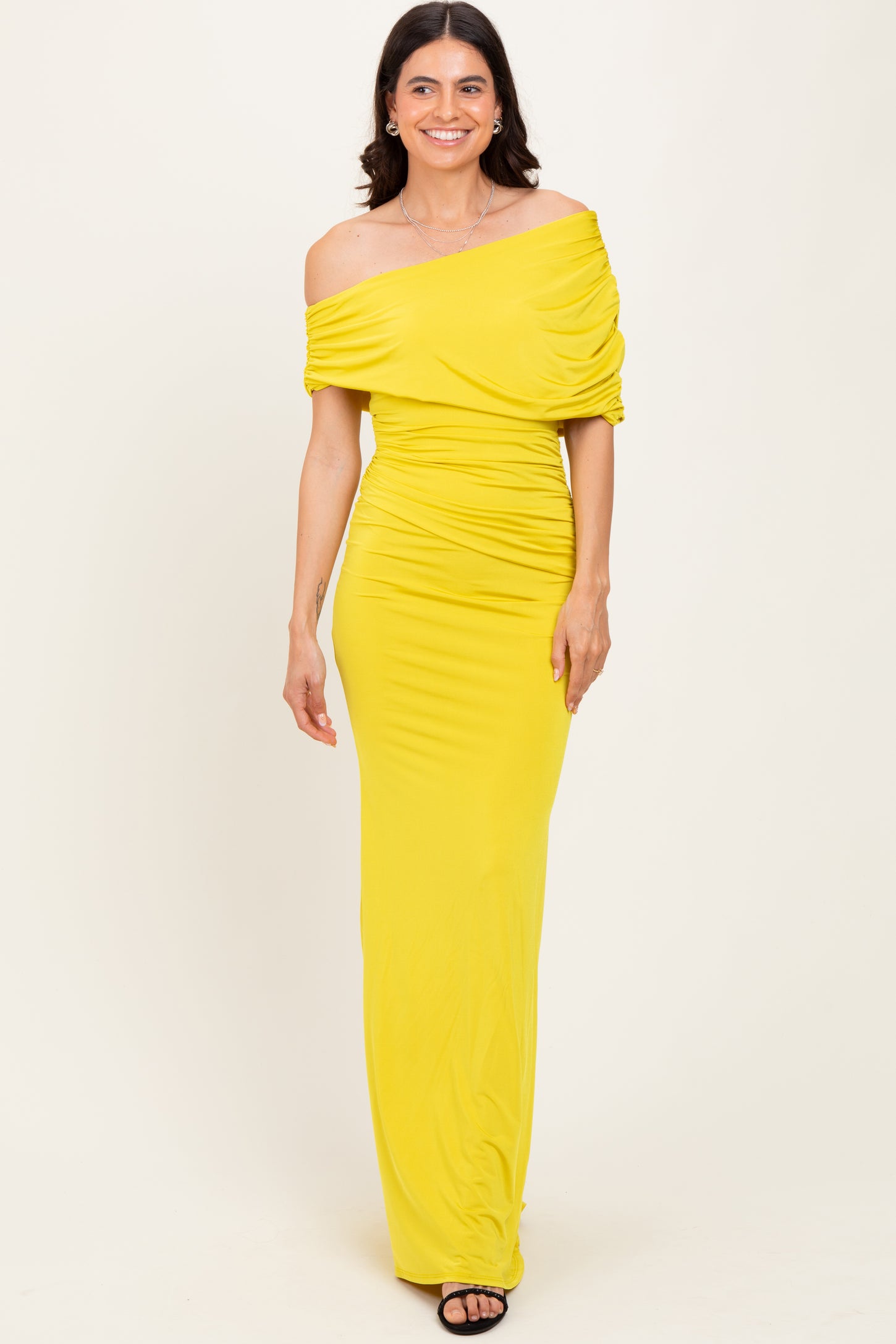 Lime Off Shoulder Foldover Ruched Maxi Dress