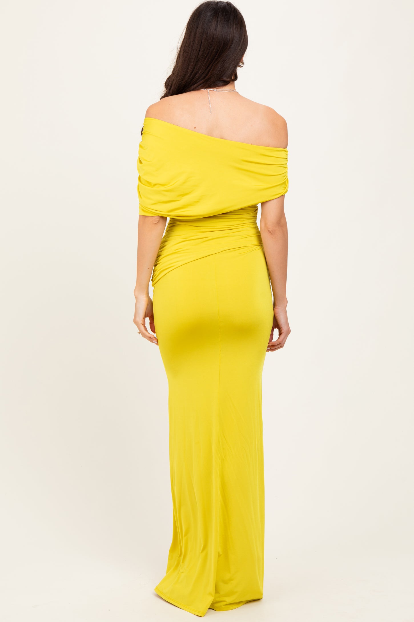 Lime Off Shoulder Foldover Ruched Maxi Dress