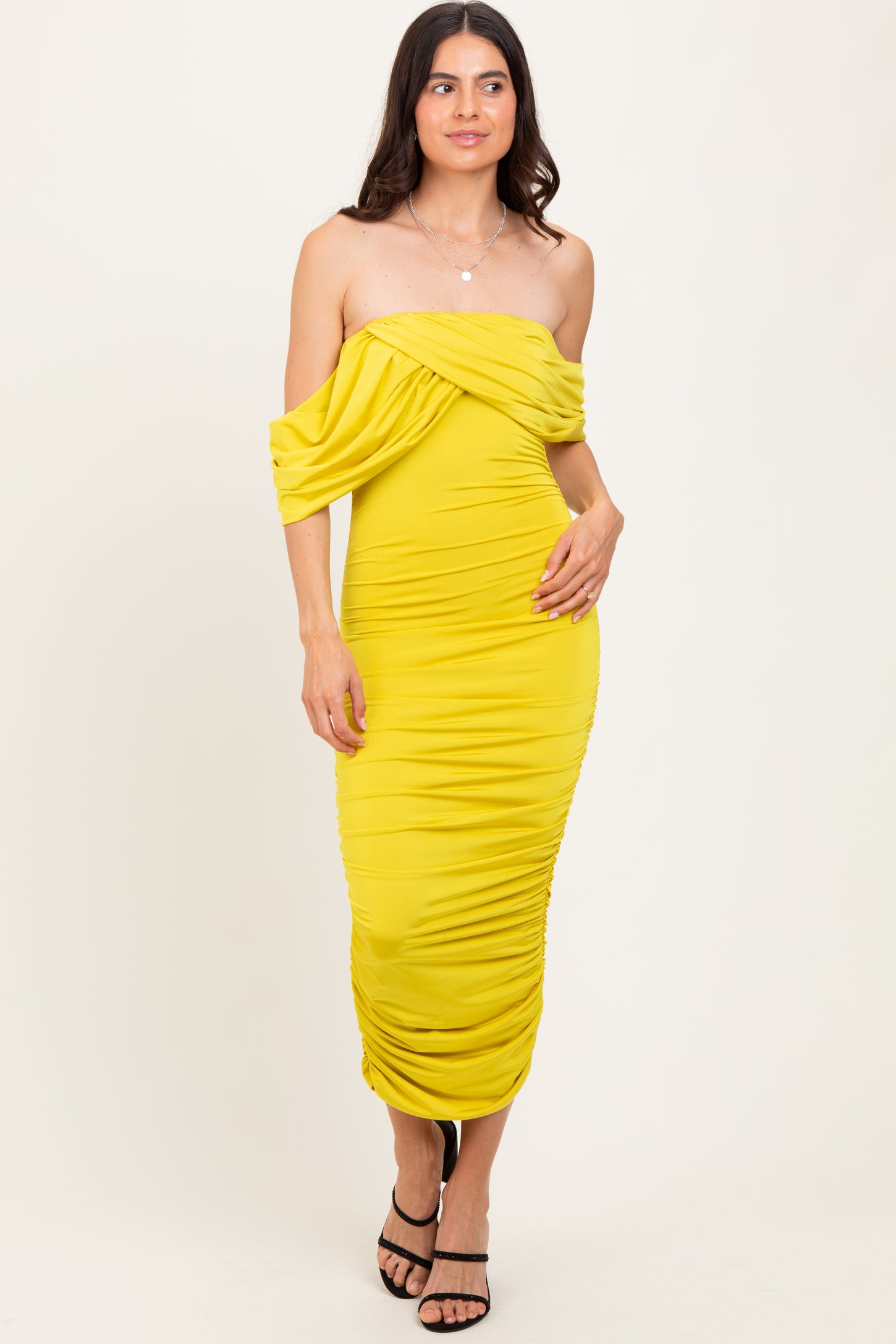 Lime Off Shoulder Draped Ruched Maternity Midi Dress