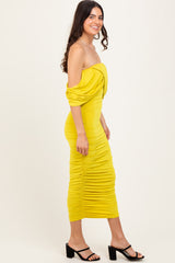 Lime Off Shoulder Draped Ruched Midi Dress