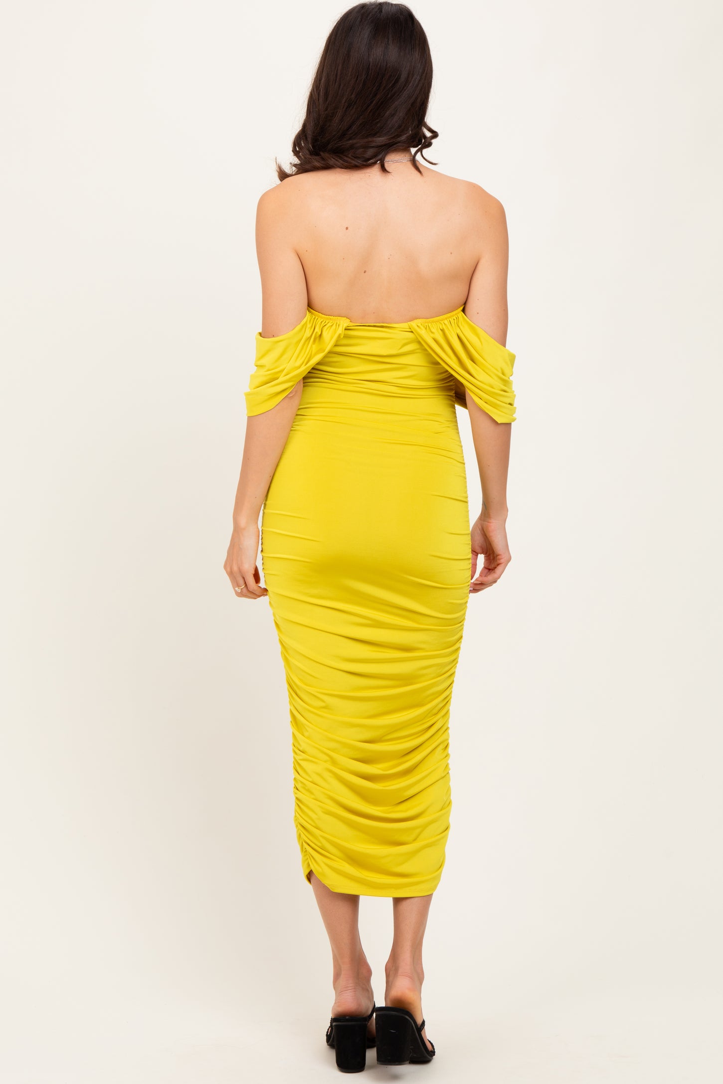 Lime Off Shoulder Draped Ruched Midi Dress