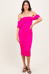 Fuchsia Off Shoulder Draped Ruched Midi Dress