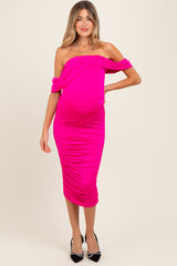 Fuchsia Off Shoulder Draped Ruched Maternity Midi Dress