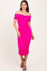 Fuchsia Knotted Off Shoulder Ruched Maternity Midi Dress