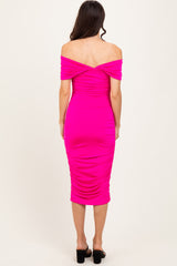 Fuchsia Knotted Off Shoulder Ruched Midi Dress