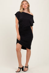 Black One Shoulder Ruched Dress