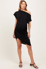 Black One Shoulder Ruched Maternity Dress