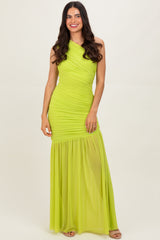 Lime Ruched Mesh One Shoulder Maxi Dress