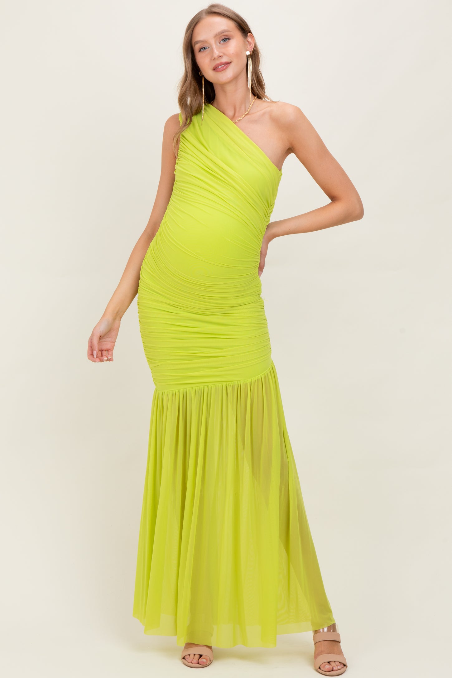 Lime Ruched Mesh One Shoulder Maternity Maxi Dress