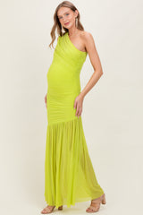 Lime Ruched Mesh One Shoulder Maternity Maxi Dress