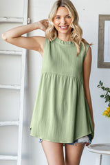 Light Olive Ruffle Mock Neck Sleeveless Blouse