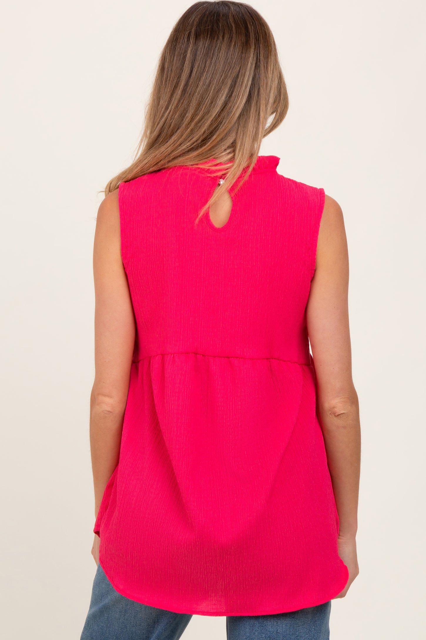 Fuchsia Ruffle Mock Neck Maternity Sleeveless Blouse
