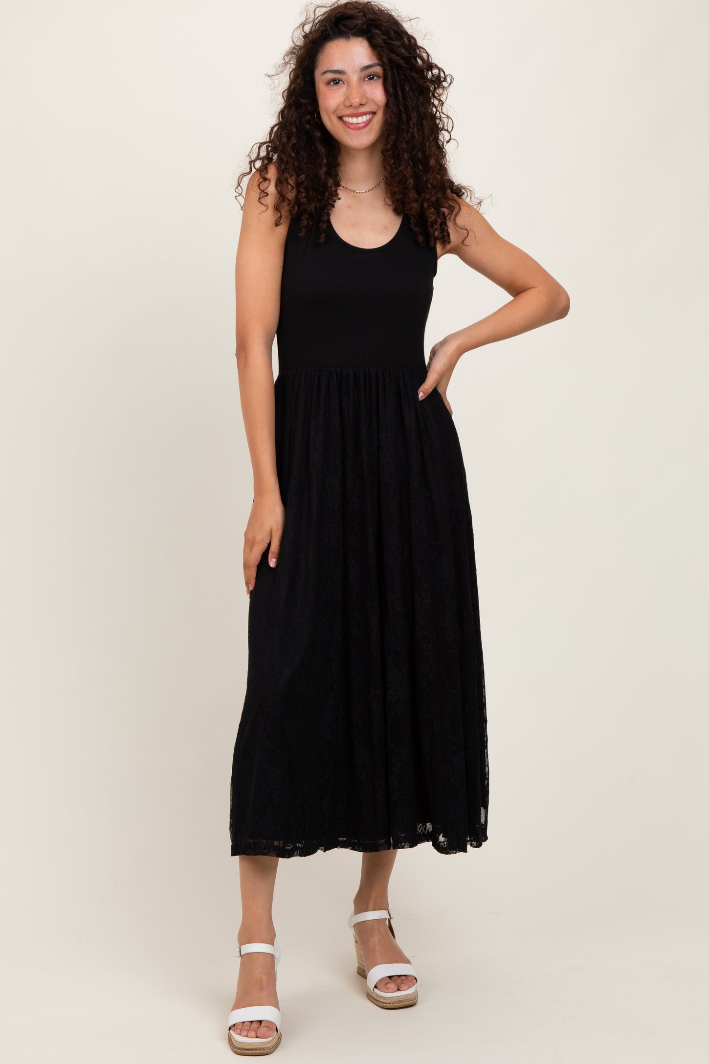 Black Solid Tank Top Lace Skirt Midi Dress