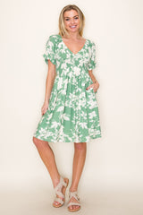 Light Olive Floral Smocked Puff Sleeve Dress