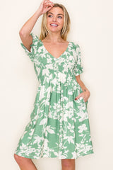Light Olive Floral Smocked Puff Sleeve Dress