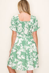 Light Olive Floral Smocked Puff Sleeve Dress