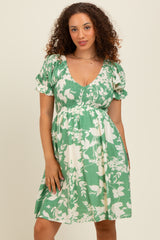 Light Olive Floral Smocked Puff Sleeve Maternity Dress