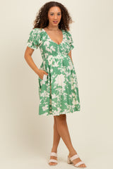 Light Olive Floral Smocked Puff Sleeve Maternity Dress