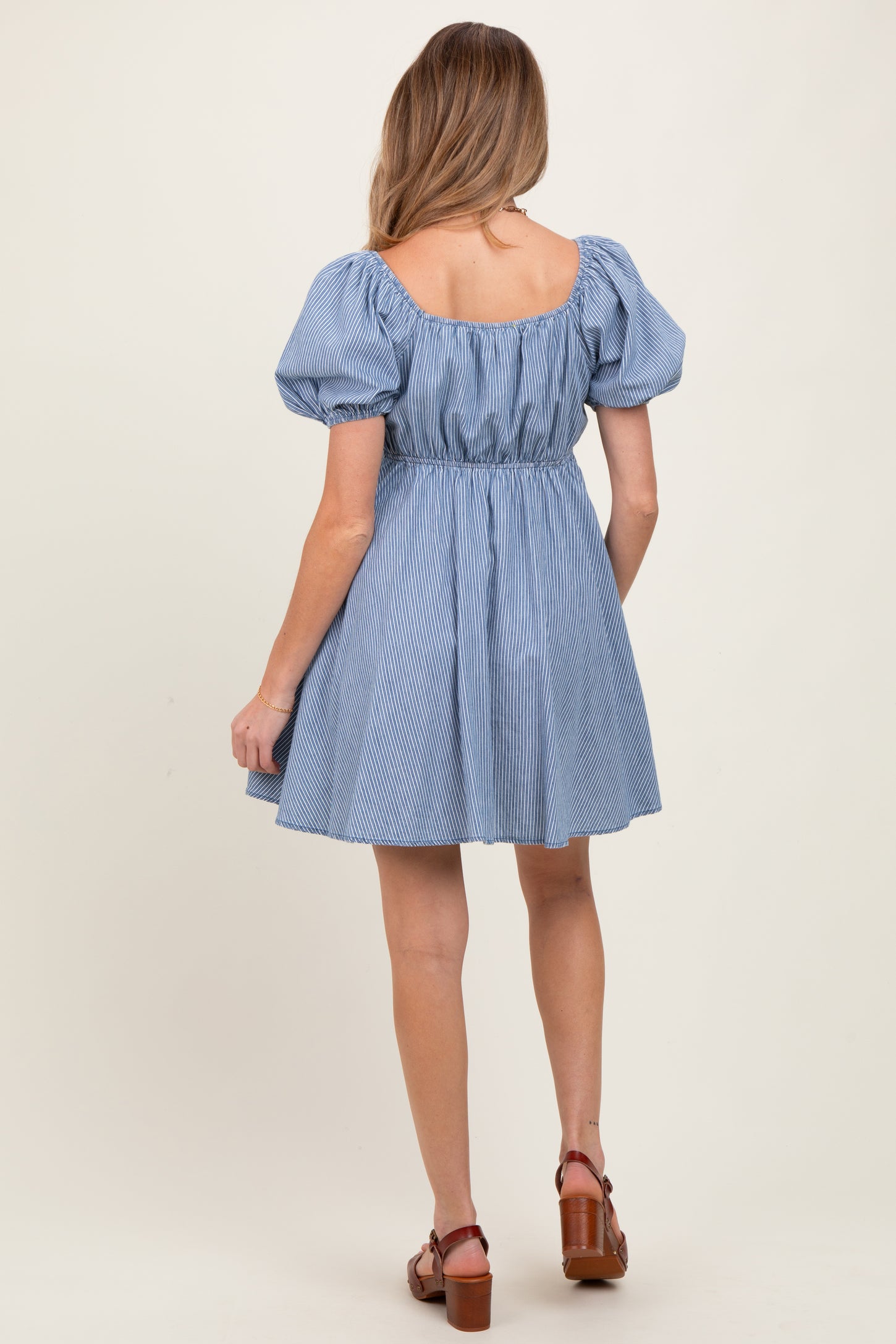 Blue Striped Chambray Front Tie Maternity Mini Dress