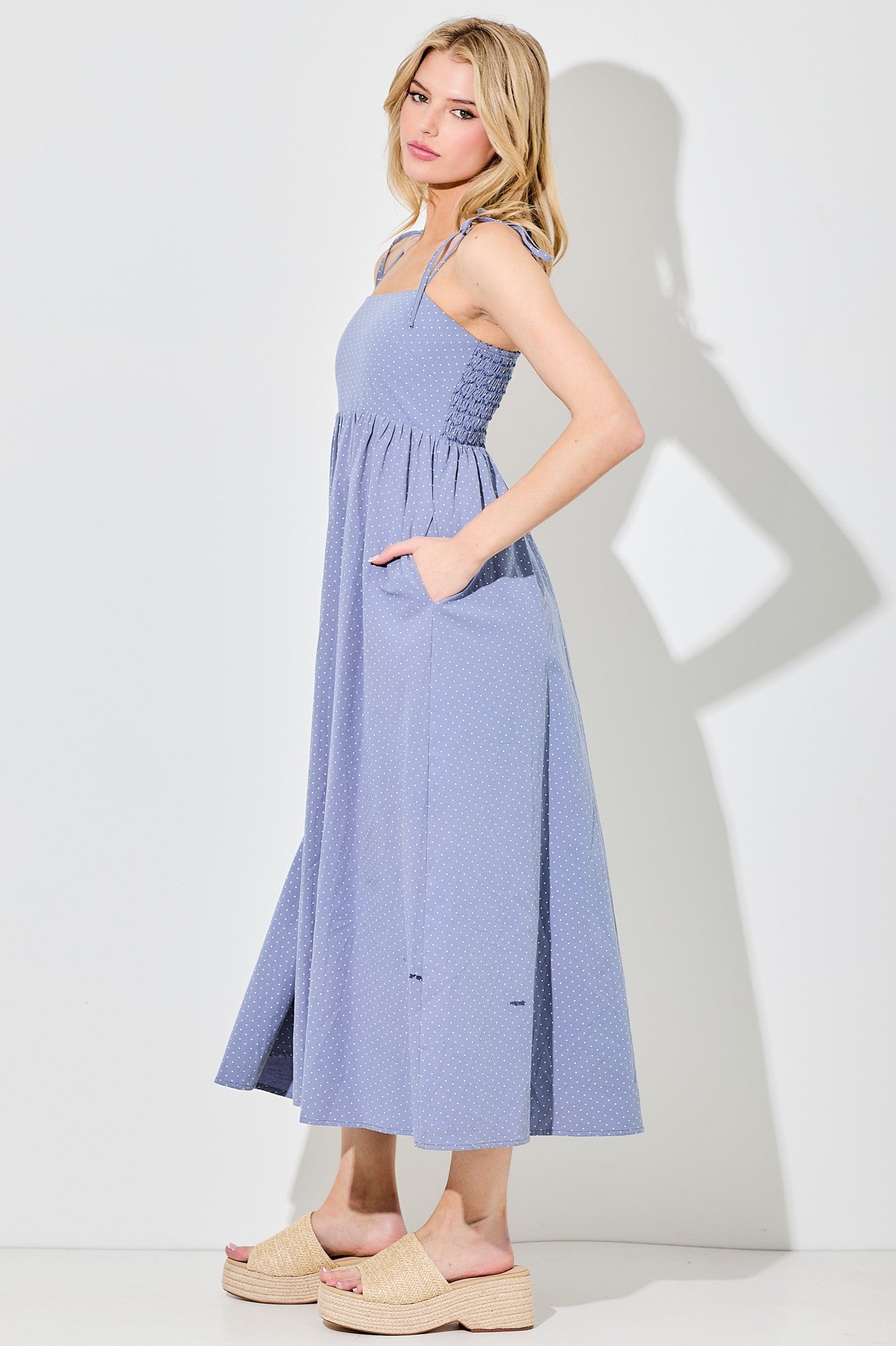 Blue Polka Dot Shoulder Tie Midi Dress