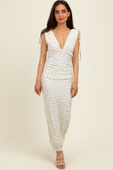 Cream Floral V-Neck Shoulder Tie Midi Dress