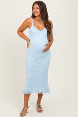 Light Blue Lace Overlay Sweetheart Neckline Maternity Midi Dress